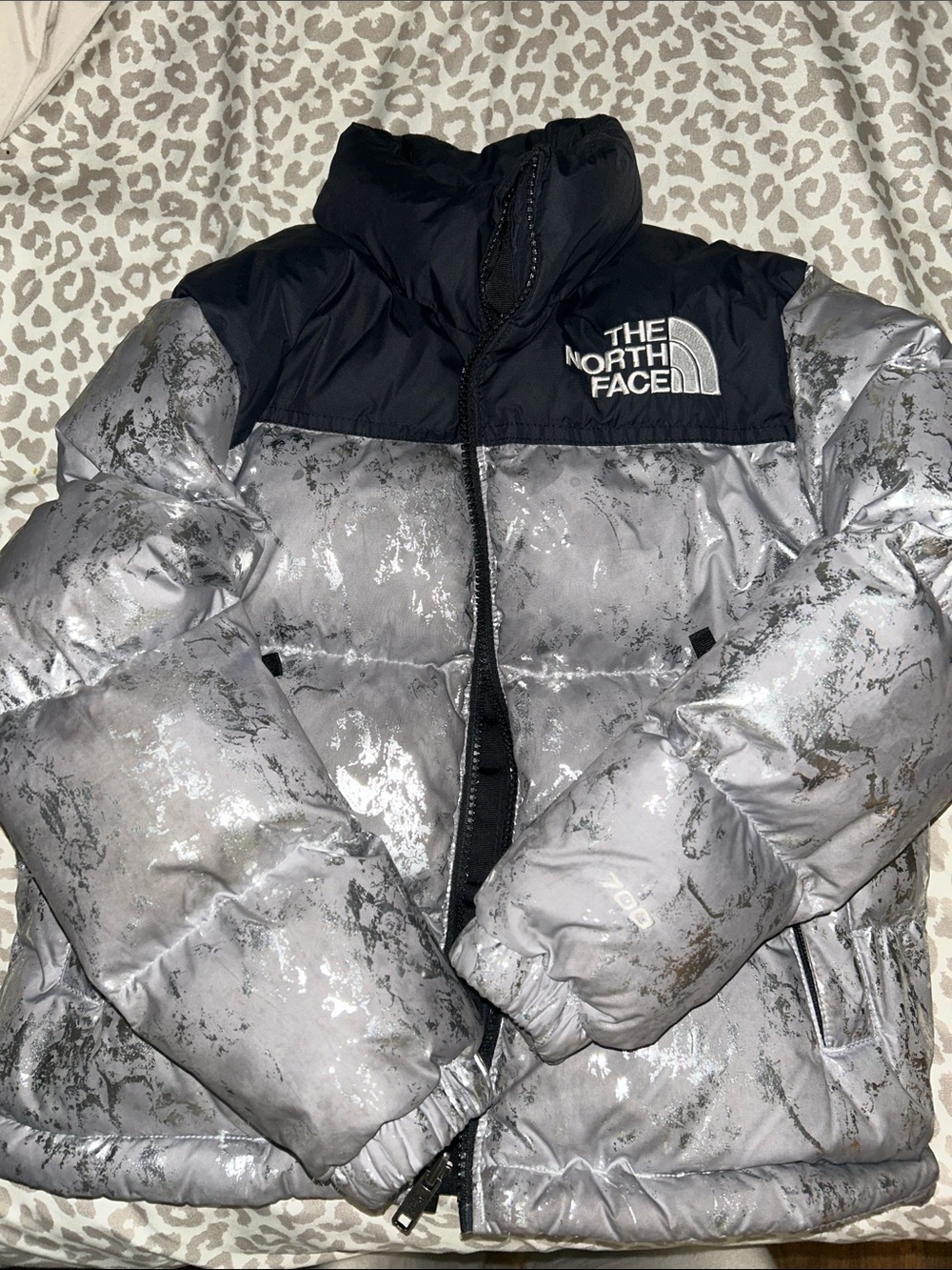 RARE!! The North Face Silver and Black Marble-Print Puffer Jacket